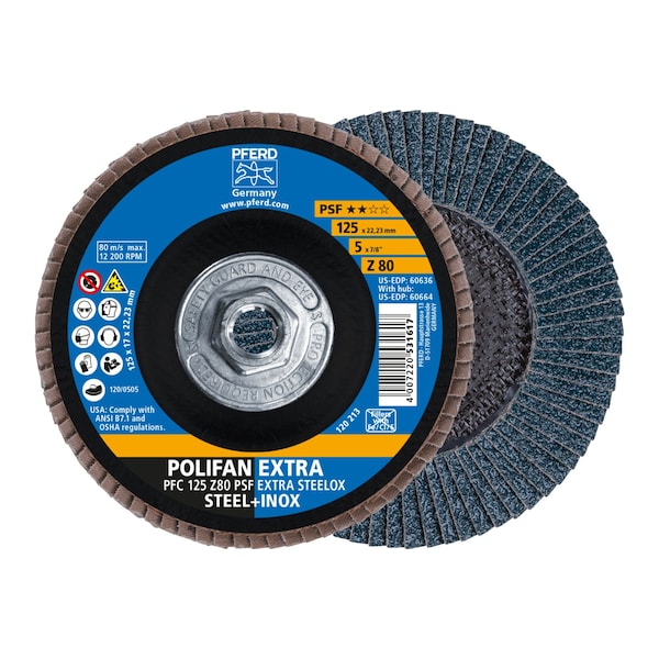 Pferd 5" x 5/8-11 Thd. POLIFAN Flap Disc - Z PSF EXTRA STEELOX, Zirconia, 80 Grit, Conical 60664 - main